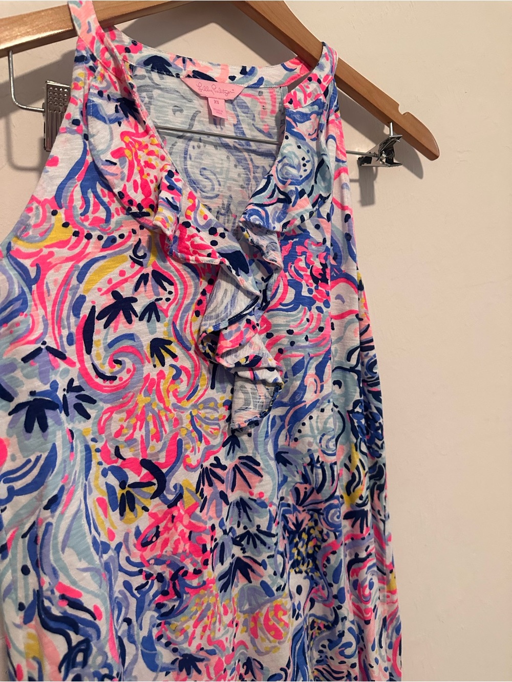 Lilly Pulitzer XS Colorful Ruffle Shift Dress Sleeveless Pink Blue - Picture 3 of 8